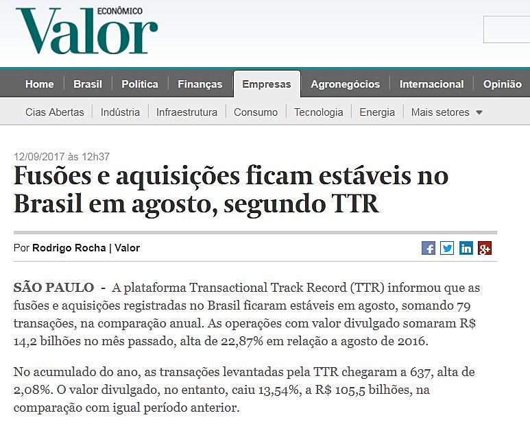 Fuses e aquisies ficam estveis no Brasil em agosto, segundo TTR